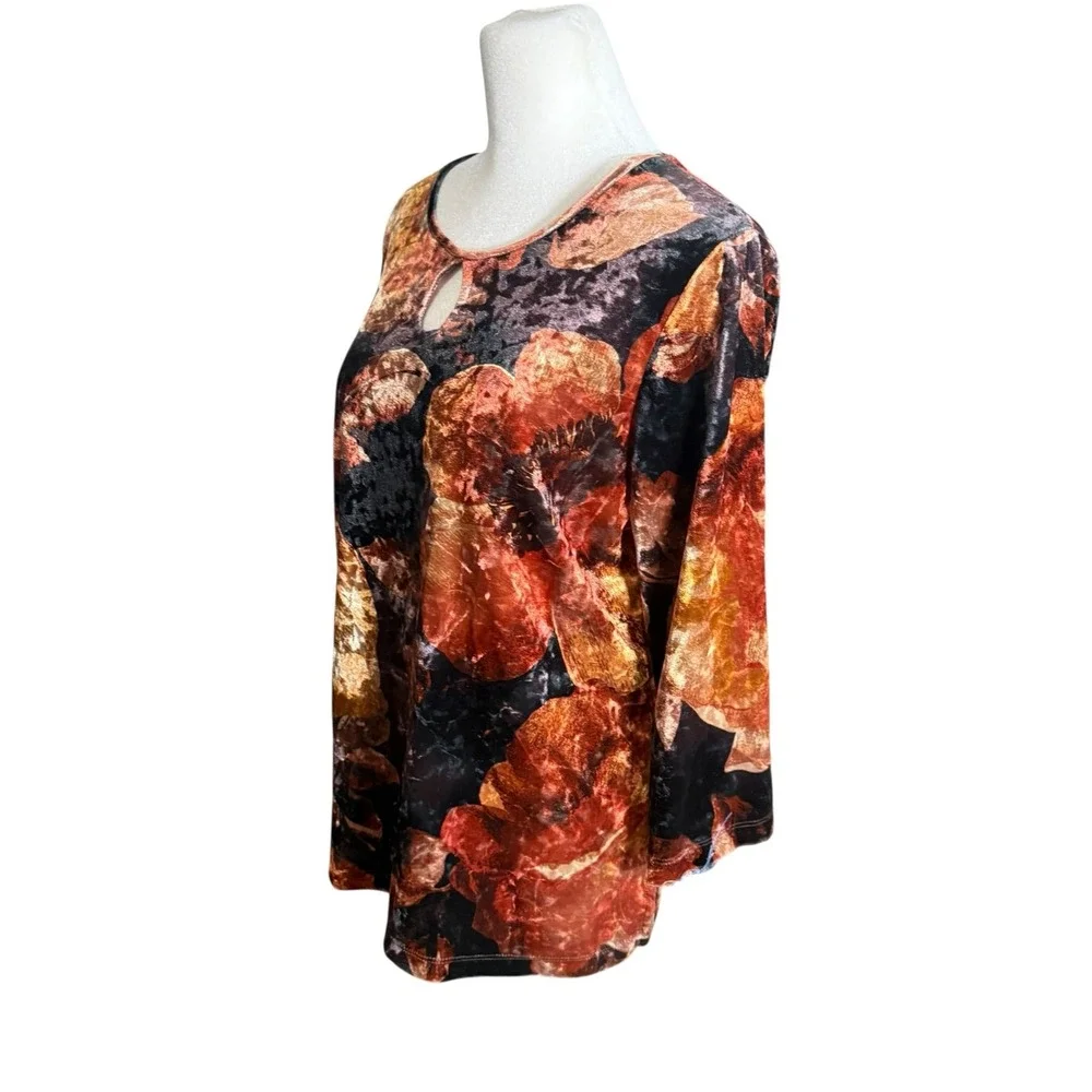 Velvet Velour Top Womens M Autumn‎ Leaves Keyhole Stretch Dressy Blouse